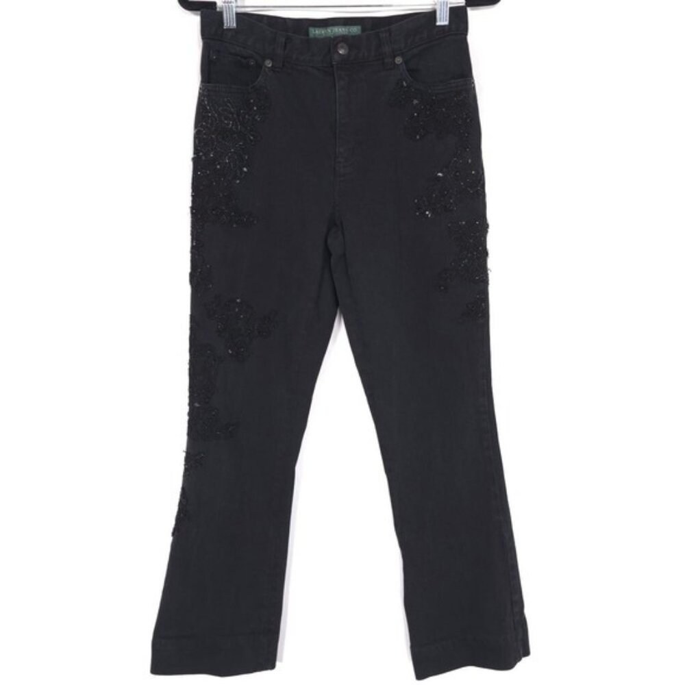 RALPH LAUREN Women's Jeans 4 Vintage‎ HONG KONG MADE Black Beaded Floral